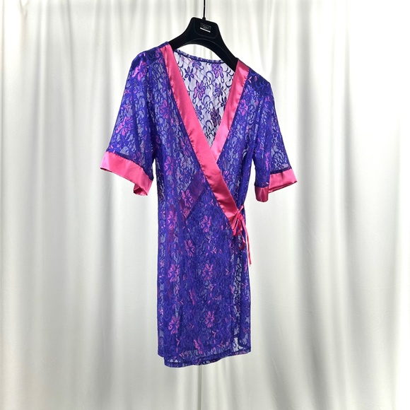 Vintage Purple Lace Wrap Robe Pink Satin Trim 80s Lingerie - Picture 9 of 16